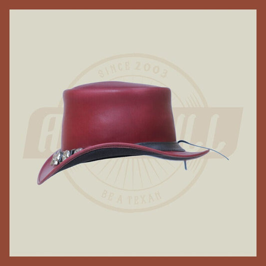 Brownish Purple Leather Skull & Skulls D Band Steampunk Top Hat Motorcycle Rider Biker