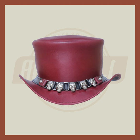 Brownish Purple Leather Skull & Skulls D Band Steampunk Top Hat Motorcycle Rider Biker