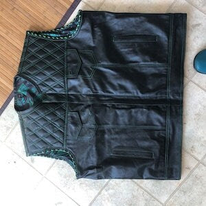 Leather Vest ,Mens Green Diamond Quilted Black Paisley Leather Build Denim Style Rider Motorcycle Leather Vest,Mens Vest
