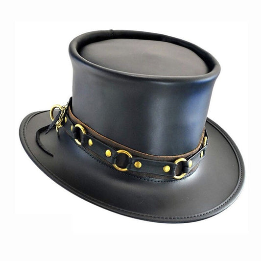 Steampunk Hat Black Leather Top Hat SR2 Band El Dorado Top Hat Bikers Hat Motorcyclists Hat