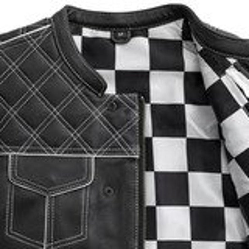 Style Diamond stitched Braided Black Checker Men's Club Motorcycle Concealed Carry Leather Biker Vest, Gift, Biker Gifts for him