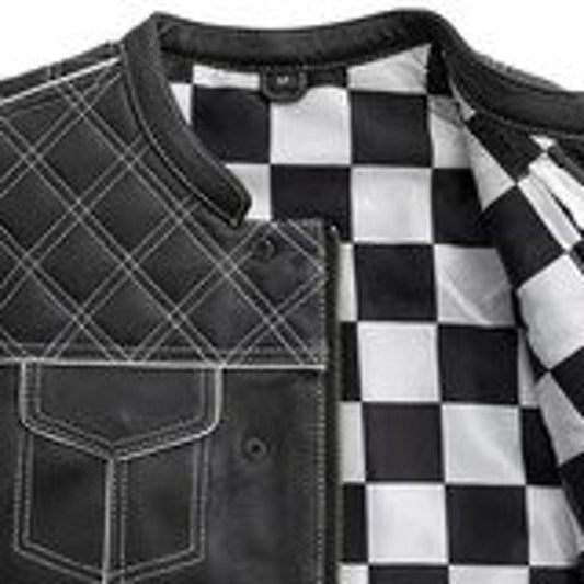 Style Diamond stitched Braided Black Checker Men's Club Motorcycle Concealed Carry Leather Biker Vest, Gift, Biker Gifts for him