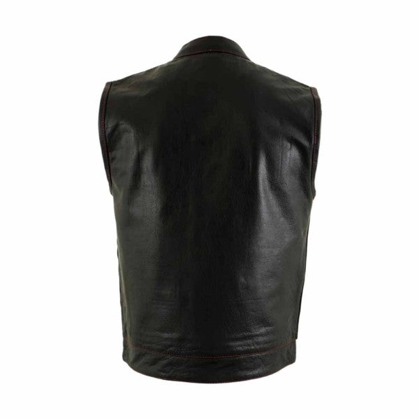 LEATHER VEST WITH RED STITCHING AND INSIDE FLAG LINING