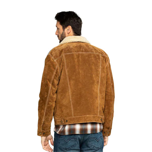 Western Fur Jean Jacket with Aztec Trim and Brown Suede