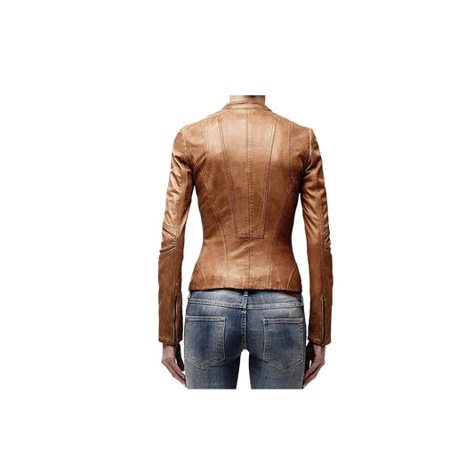 Women's Brown Cafe Racer Leather Biker Lambskin Jacket,Handmade Motorcycle Slim Fit Leather Jacket