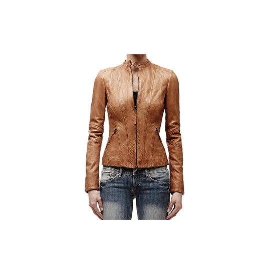 Women's Brown Cafe Racer Leather Biker Lambskin Jacket,Handmade Motorcycle Slim Fit Leather Jacket