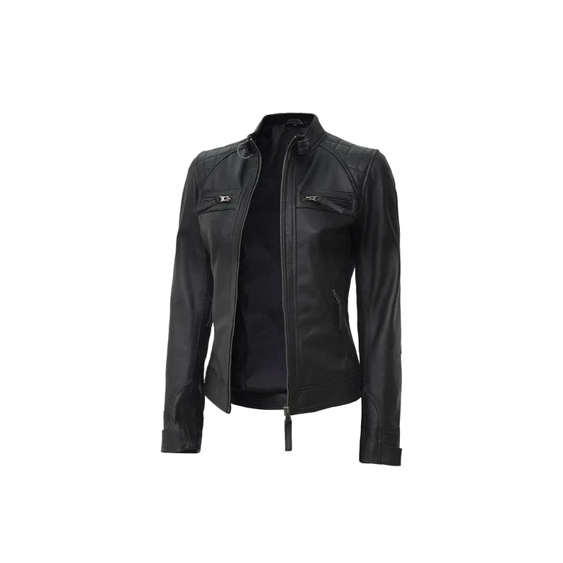 Women's Black Cafe Racer Leather Biker Lambskin Jacket,Handmade Motorcycle Slim Fit Leather Jacket.