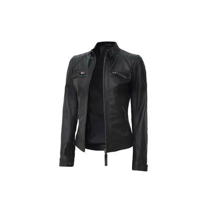 Women's Black Cafe Racer Leather Biker Lambskin Jacket,Handmade Motorcycle Slim Fit Leather Jacket.