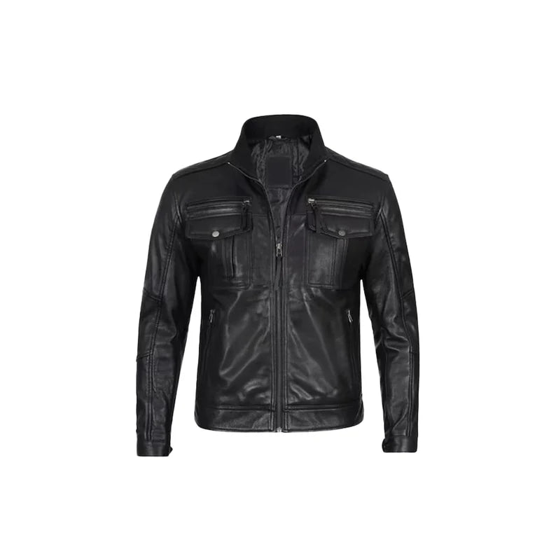 Men's Stylish Café Racer Biker Leather Jacket, Handmade Black Sheep Genuine Leather Motorcycle Jacket, Mens Leather Jacket.
