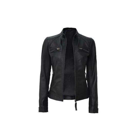Women's Black Cafe Racer Leather Biker Lambskin Jacket,Handmade Motorcycle Slim Fit Leather Jacket.