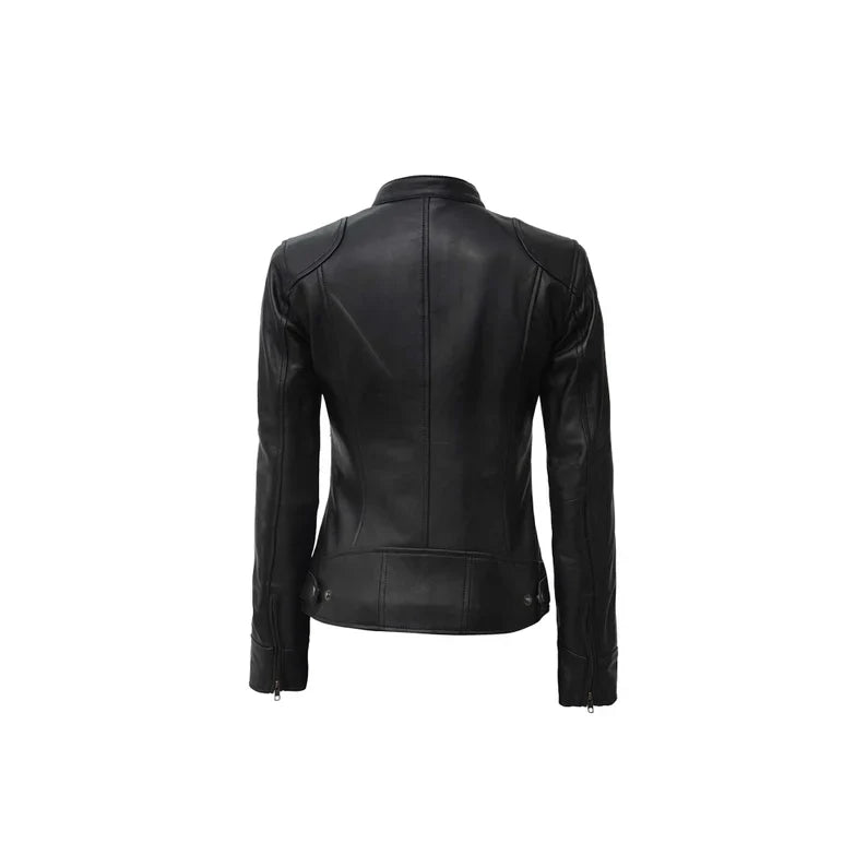 Women's Black Cafe Racer Leather Biker Lambskin Jacket,Handmade Motorcycle Slim Fit Leather Jacket.
