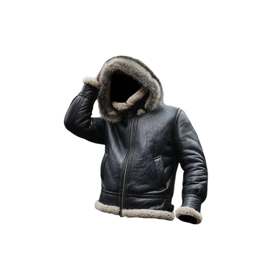 Men's Bomber B3 Faux Fur Winter Hooded Black Leather jacket, Bomber Black Aviator Fur Collar Leather Jacket.