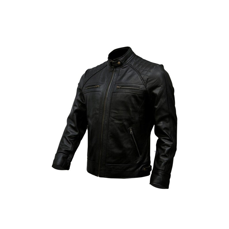 Men's Handmade Black Lambskin Motorcycle Leather Jacket, Cafe Racer Biker Genuine Leather Jacket, Slim Fit Black Biker Jacket.