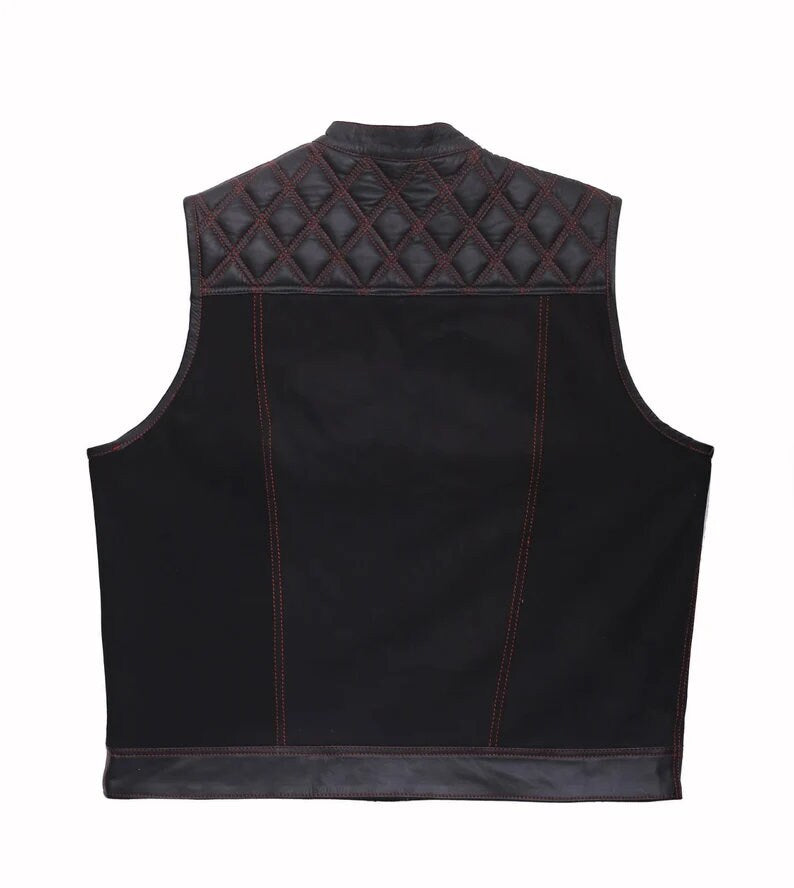 Hand Made Leather & Denim Paisley Diamond MC Quilted Red Stich Biker Rider Motorcycle Men Vest
