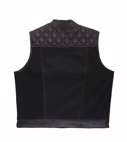Hand Made Leather & Denim Paisley Diamond MC Quilted Red Stich Biker Rider Motorcycle Men Vest