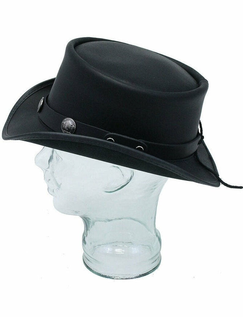 Marlow SteamPunk Deadman Biker American Five Cent Black Leather Top Hat