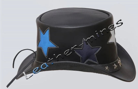 Captian America Top Hat Men's Leather Stars Motorbiker Five Star Band Biker in Black | New with Tags