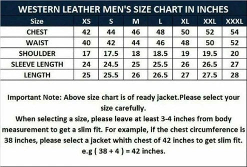 Size chart for Men American Native Western Cowboy Real Leather Jacket Fringes Brown Leather Western Jacket Coat Country Side