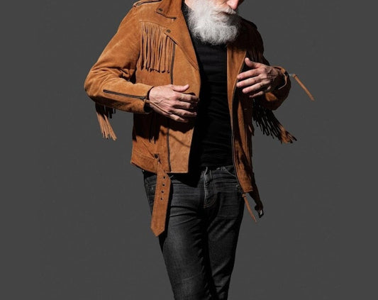 Fringe Suede Leather Belted Jacket Men's Western Style Fringe Jacket Cowboy Fringe Biker Suede Jacket