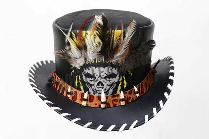 Top Hat Red Indian Chief Feather Braided Brim Teeth Band Leather Top Hat Native Western Hat Gothic Hat Steampunk Hat Halloween Gifts