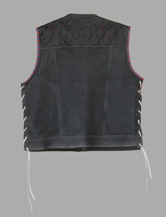 Hand Made USA Captian America Side lases Diamond Quilted leather Biker Motorcycle Rider MC Men Vest