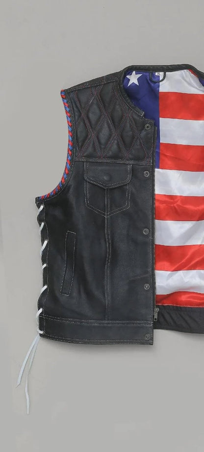 Hand Made USA Captian America Side lases Diamond Quilted leather Biker Motorcycle Rider MC Men Vest