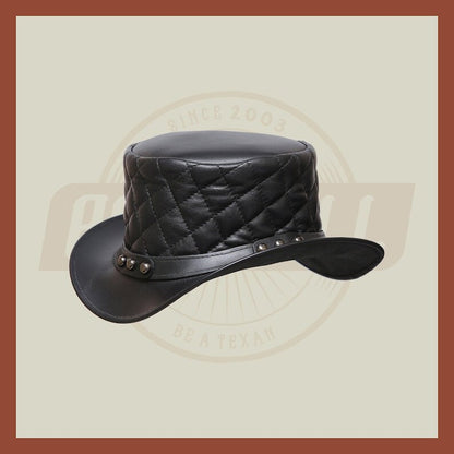 Men’s Leather Steampunk Plain Motorcycle Side Bead Band Biker Quilted Top Hat- Black Leather Hat, Leather Top Hat