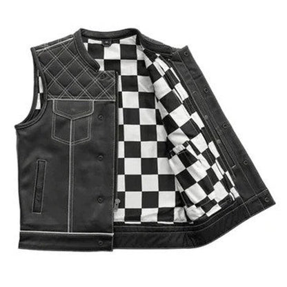 Style Diamond stitched Braided Black Checker Men's Club Motorcycle Concealed Carry Leather Biker Vest, Gift, Biker Gifts for him